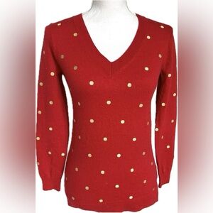 J J. Crew Red V Neck Top Sweater Contrasting Back Gold Polka Dots Merino Wool L